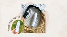 Image of Avène Thermal Spring Water Spray out of a woven bag, circular image of hand holding the spray and tried and tested banner, on a beige background