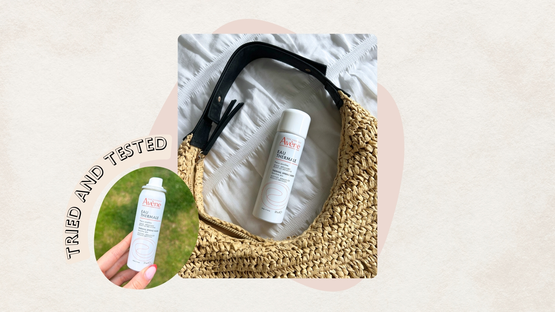 Image of Avène Thermal Spring Water Spray out of a woven bag, circular image of hand holding the spray and tried and tested banner, on a beige background