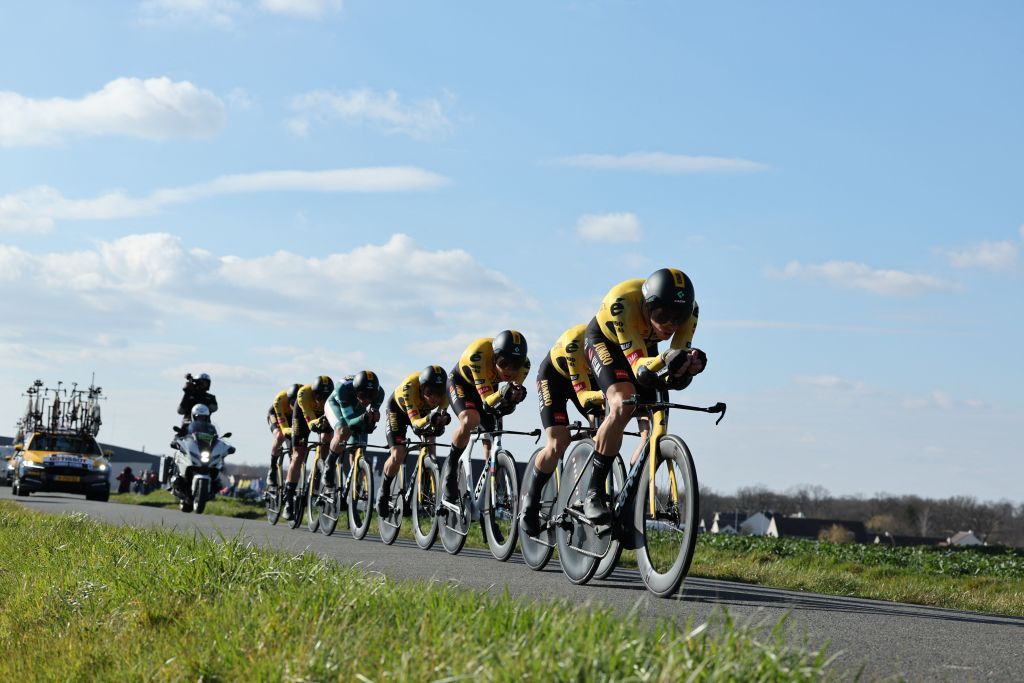 JumboVisma riders pictured in action during the third stage of the 81st edition of the ParisNice eight days cycling race a 322 km team time trial with start and finish in DampierreenBurly France Tuesday 07 March 2023BELGA PHOTO DAVID PINTENS Photo by DAVID PINTENS BELGA MAG Belga via AFP Photo by DAVID PINTENSBELGA MAGAFP via Getty Images