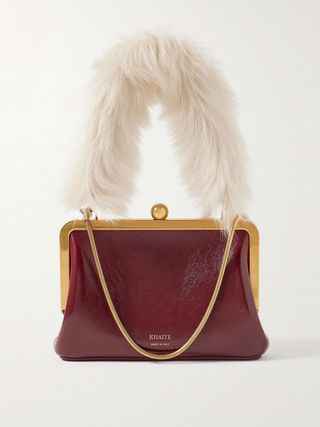 Lilith Small Shearling-Trimmed Crinkled Patent-Leather Tote