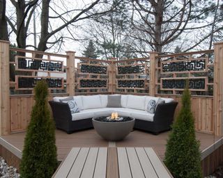 sofa on deck with solus decor fire pit