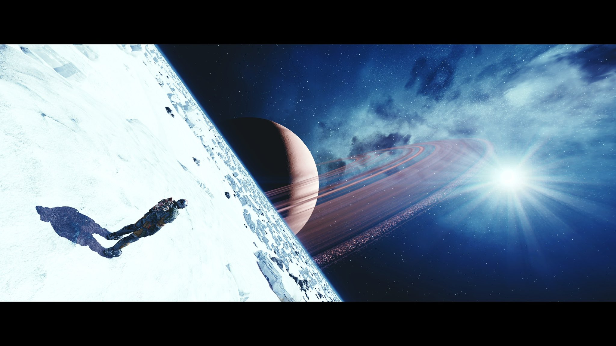 O jogador estava na lua olhando para um planeta próximo com a estrela distante brilhando.