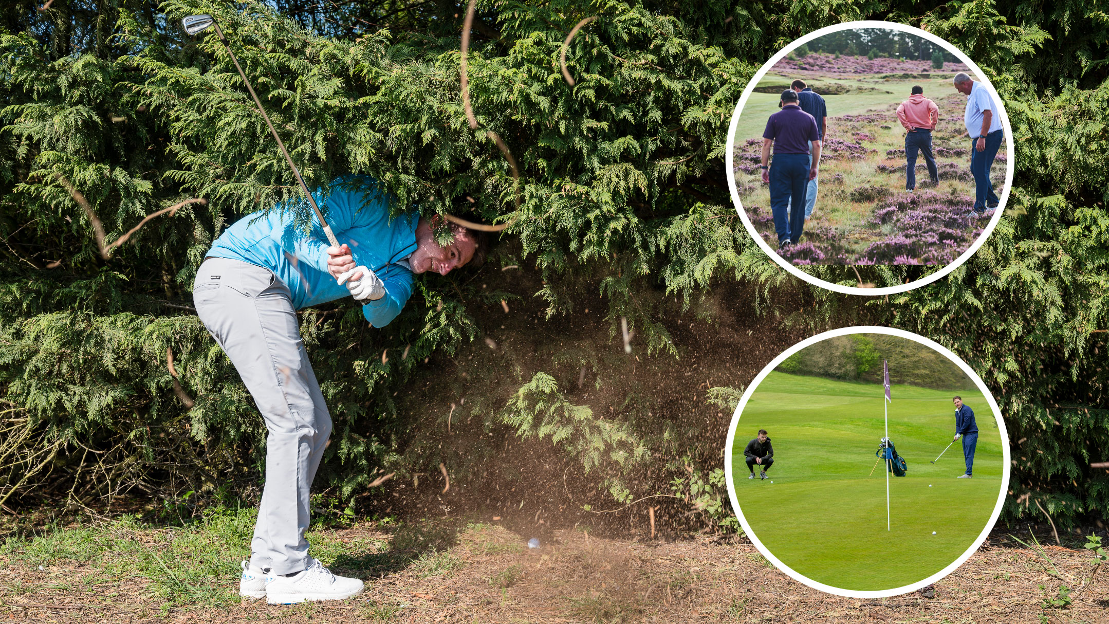 a golfer playing from a bush with insets of a golfer chipping and golfers looking for balls