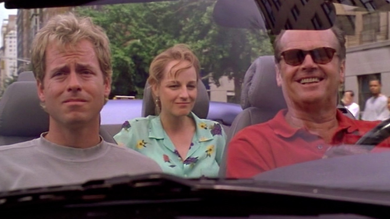 Greg Kinnear, Helen Hunt, and Jack Nicholson sitting in a car in As Good As It Gets