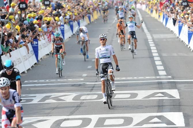 Michal Kwiatkowski celebrates for his teammate Cavendish