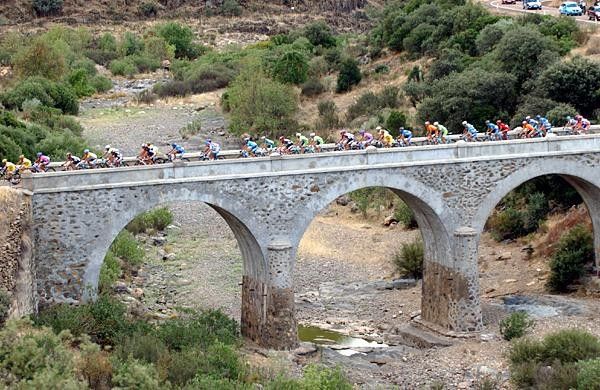 The peloton crossing a bridge