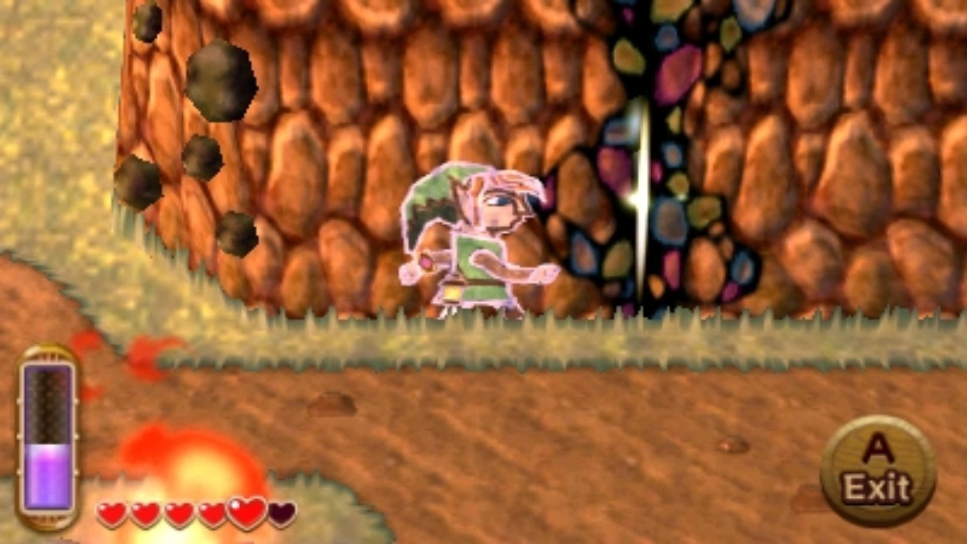 The Legend of Zelda: A Link Between Worlds screenshot showing Link in 2D walking along a wall