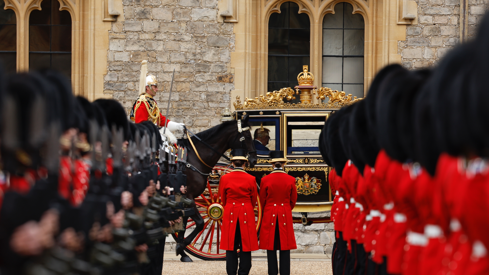 King Charles III and US President Donald Trump arrive at the ceremonial welcome in the Irish State Coach during the State visit by the President of the United States of America at Windsor Castle on 17 September 2025