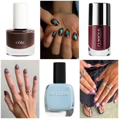 a six college image featuring three nail designs with swirls, stars, and stripes and three nail polish shades