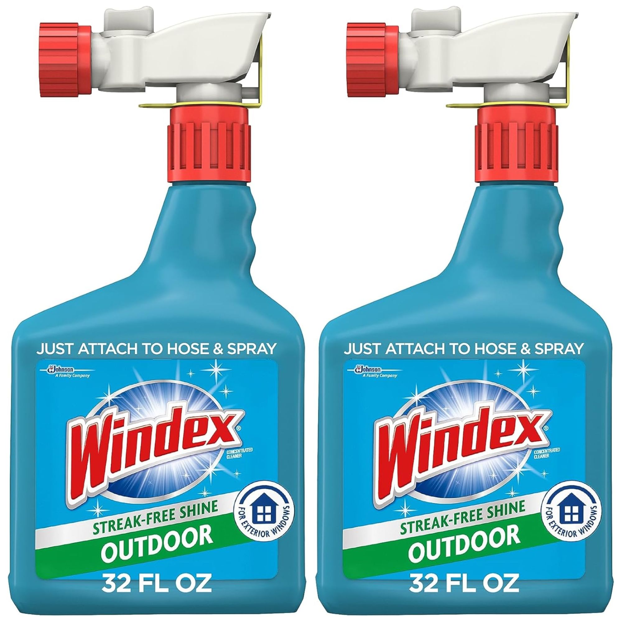 Two blue bottles of Windex Streak-Free Shine Outdoor