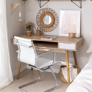 home office space with stylish scandi wooden desk 