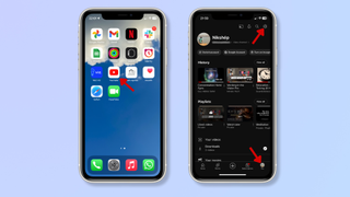 The first screenshot shows the iPhone home screen with a red arrow pointing at the YouTube app. The second screenshot shows the YouTube app, with red arrows pointing at You and the Settings icon. 