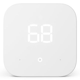 A rounded white square thermostat with a digital 68 showing