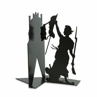 A black metal laser cut bookend based on the painting "Liberty Leading the People"