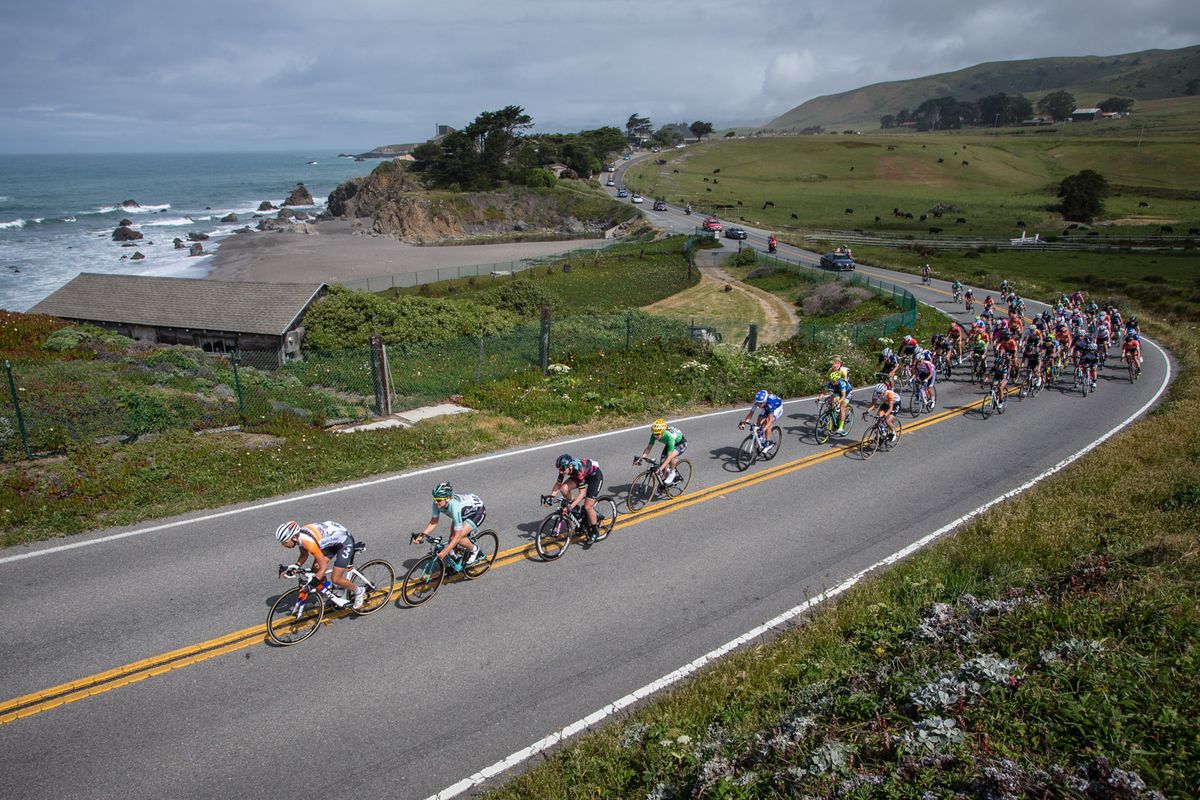 The peloton rolls along Highway 1