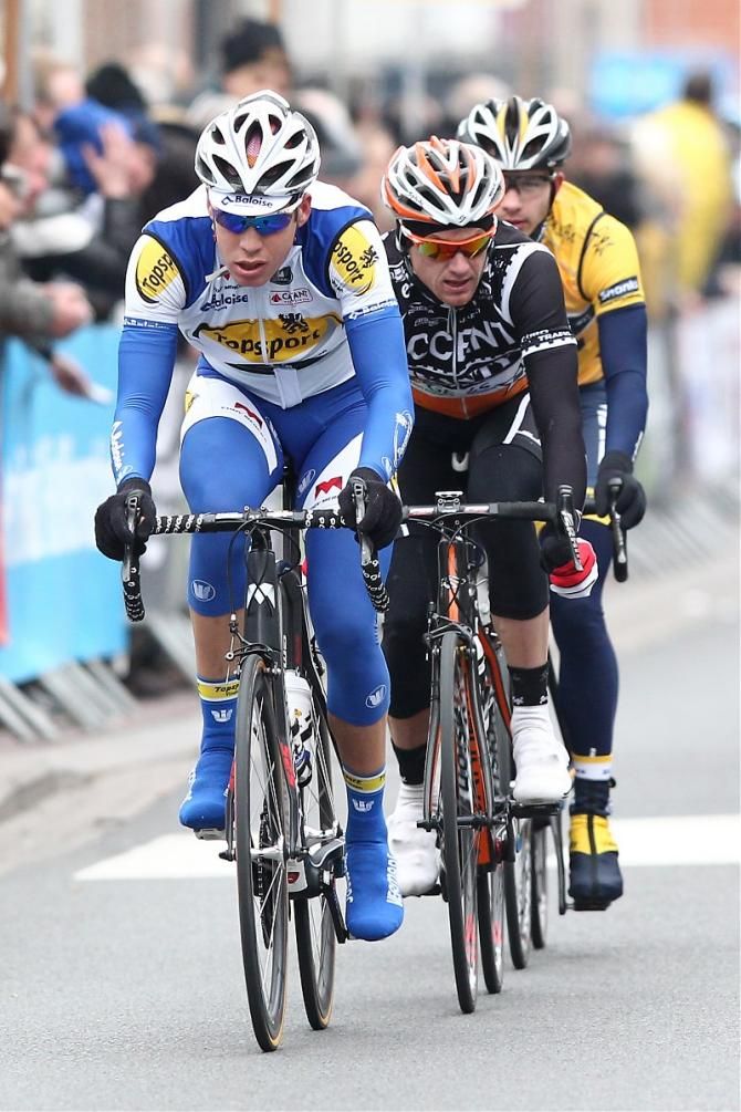 The three-man breakaway: Jelle Wallays, James Vanlandschoot and Christophe Pfingsten