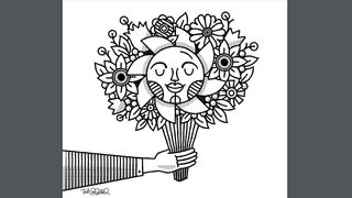 Illustration of a man holding flowers, with a smiling sun in the centre