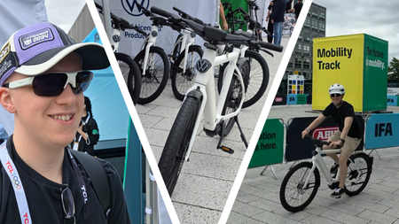 Hamish riding on the Volkswagen e-bike at IFA 2026