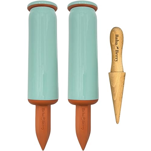 Bababerry Terracotta Watering Spikes 2 Pack 17.5oz Capacity Plant Watering Devices Self Watering Spikes Large Plant Watering Globes Self Watering Planter Insert Acquaterra With Root Dibber Installer