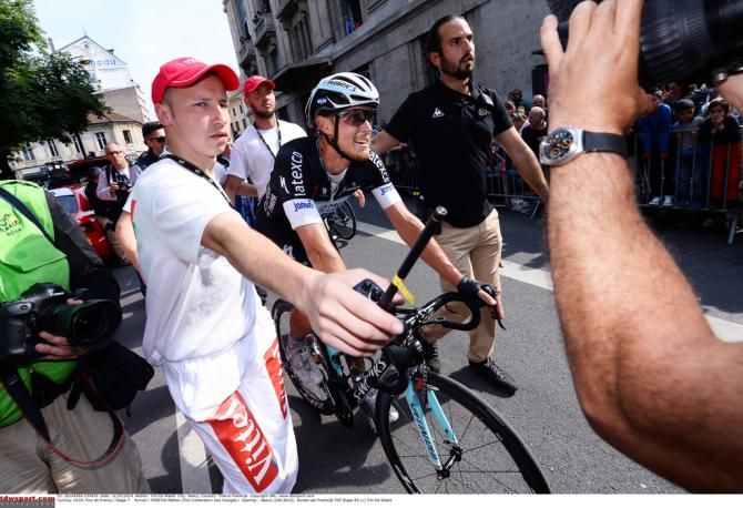 Matteo Trentin (Omega Pharma-Quick Step) escorted to the podium