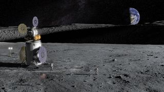 astronauts walk on the surface of the moon beside a lunar lander spacecraft