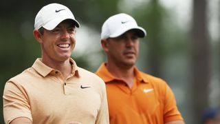 Rory McIlroy and Brooks Koepka take part in a practice round before the 2023 Masters