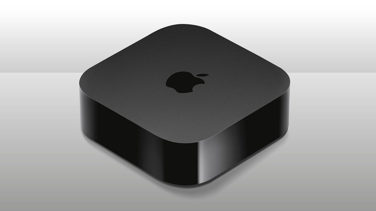 A black Apple TV 4K streamer. It is square with rounded corners.