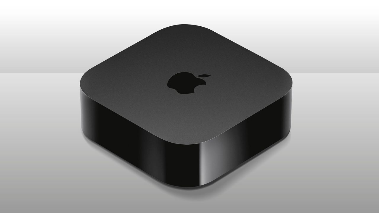 A black Apple TV 4K streamer. It is square with rounded corners.