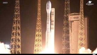 An Arianespace Vega C rocket launches the MicroCarb satellite and four CO3D Earth-observation satellites from Kourou, French Guiana on July 25, 2025.