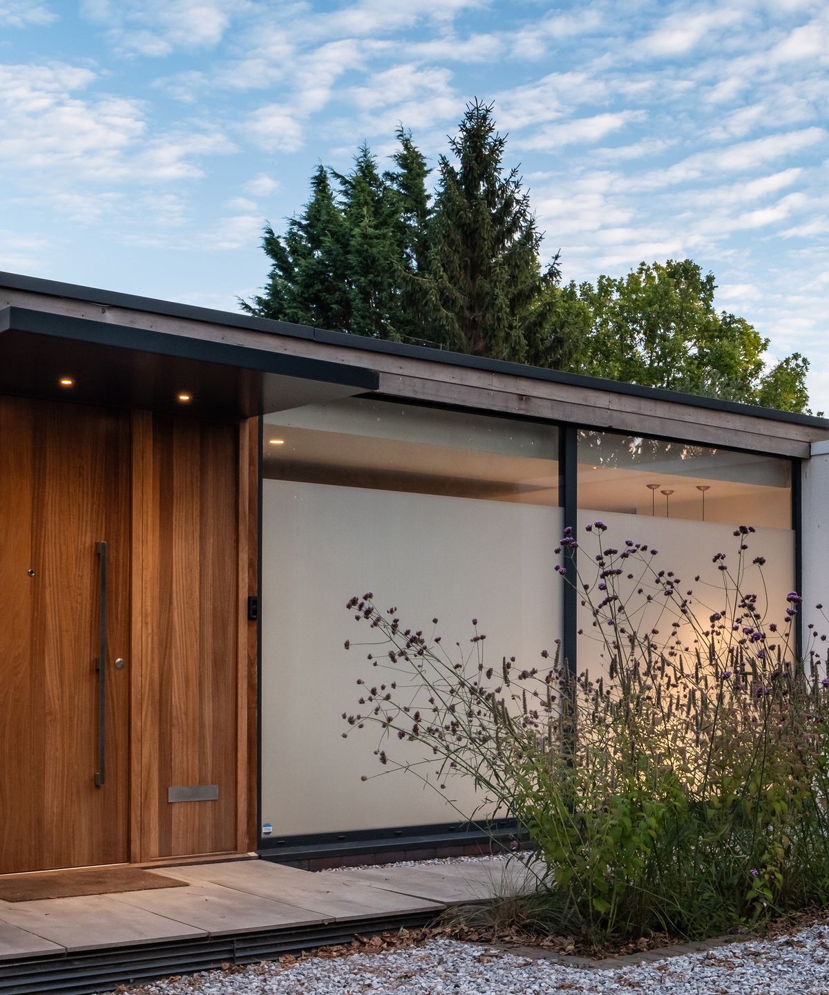 The front garden and door of a contemporary self build