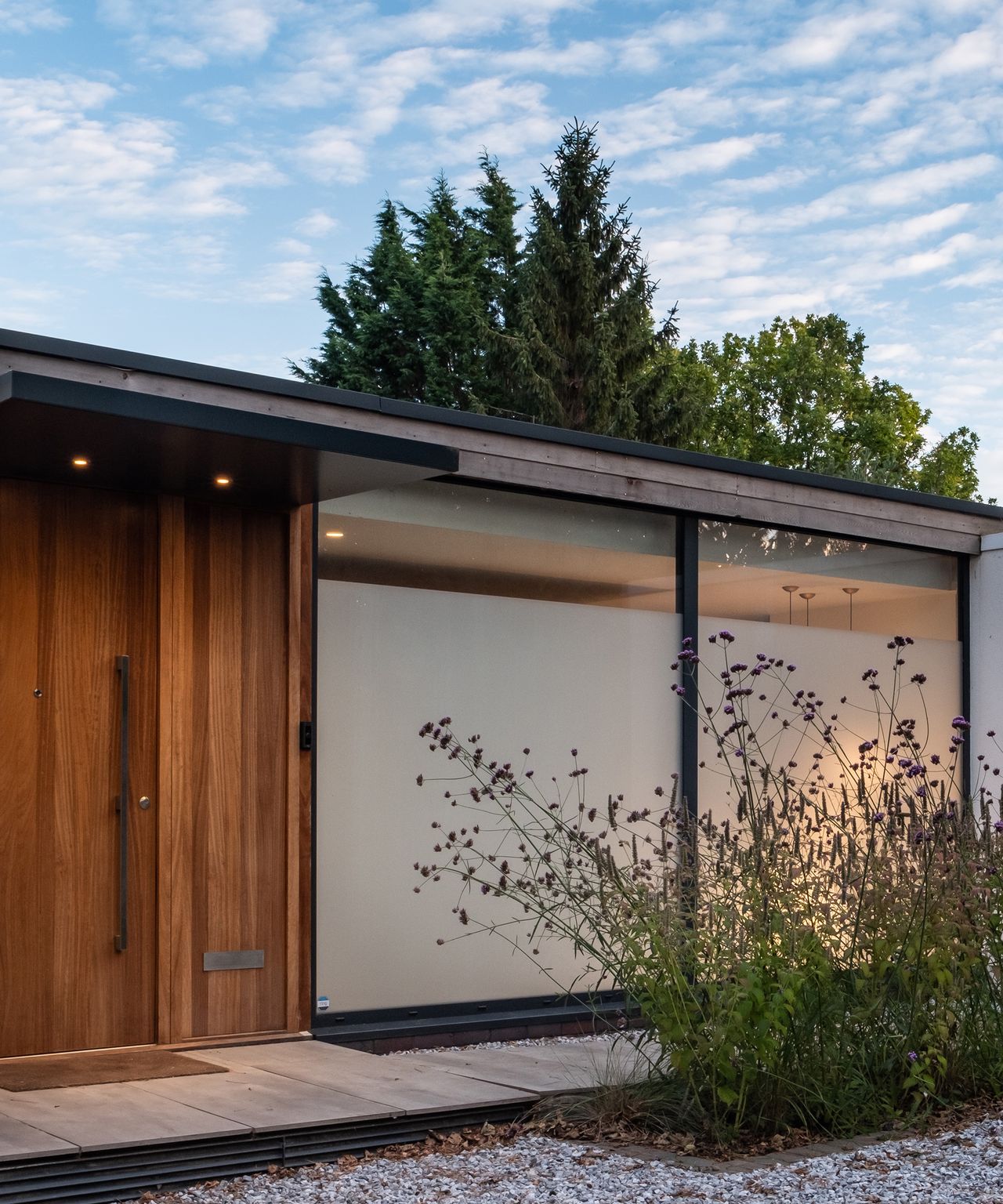 The front garden and door of a contemporary self build