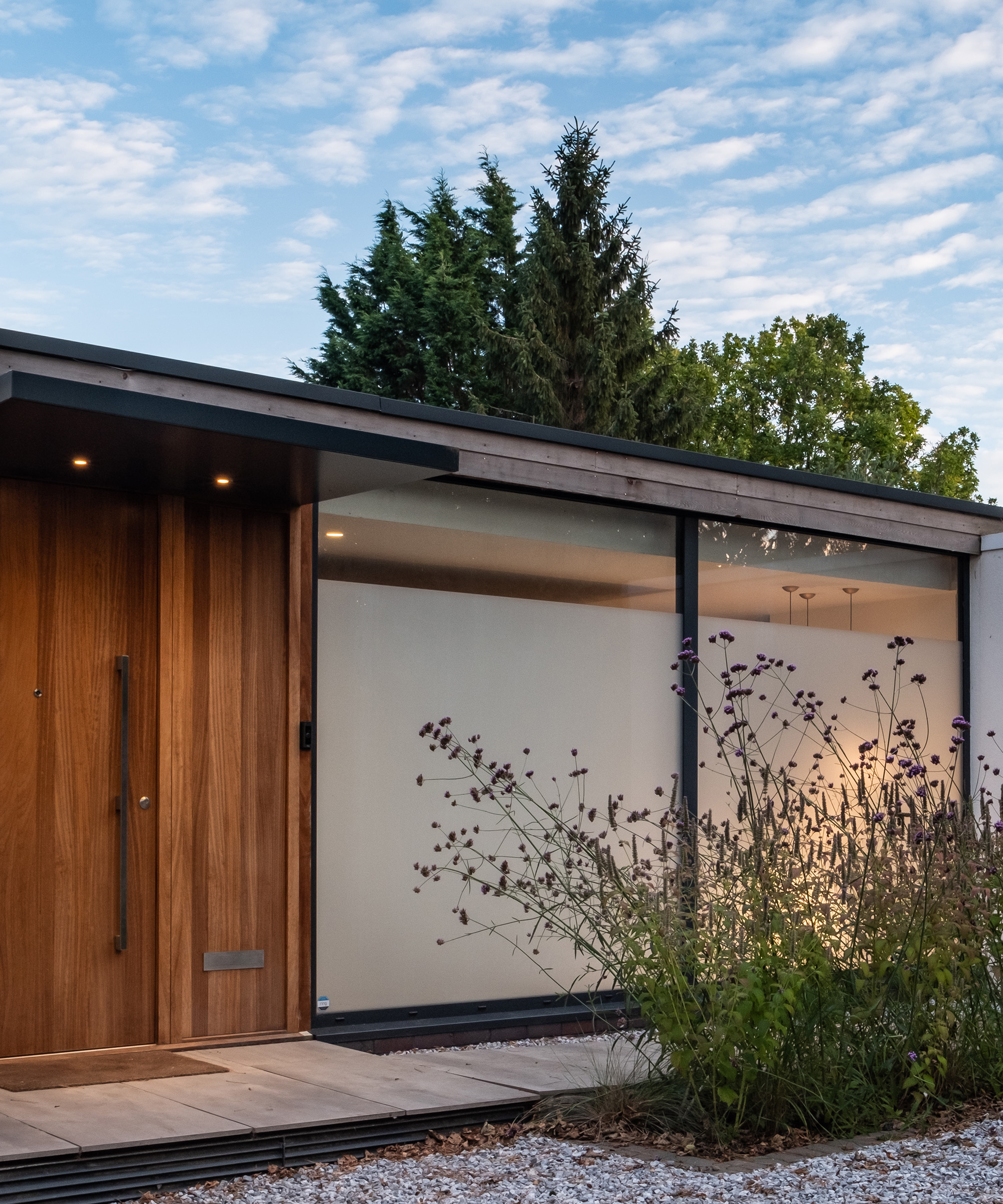 The front garden and door of a contemporary self build