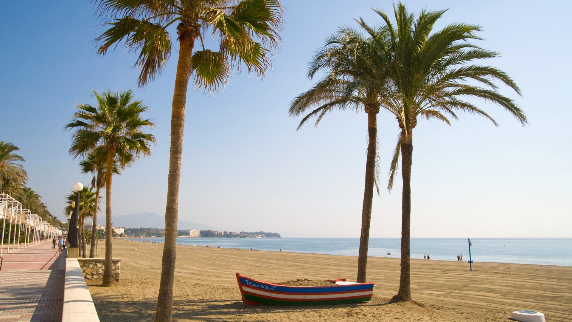 On the left is a paved path lined with palm trees. On the right is a flat sandy beach. In the foreground there is a small boat on the sand, surrounded by 3 palm trees.