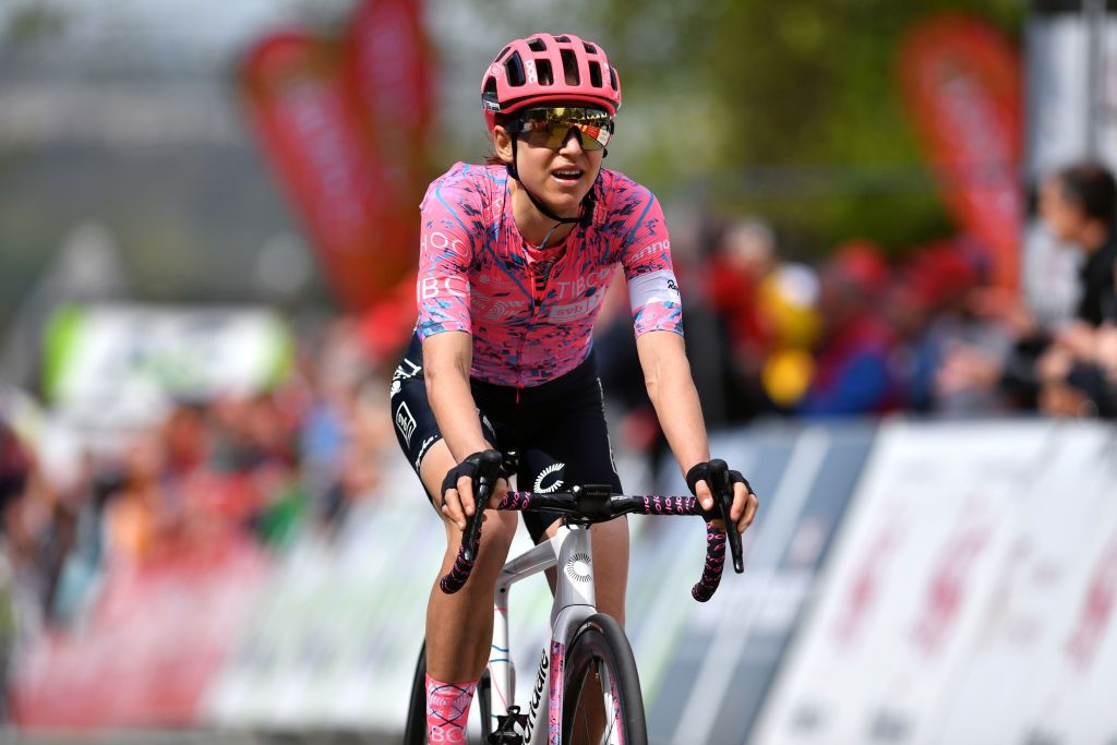 HUY BELGIUM APRIL 20 Kristabel DoebelHickok of United States and Team EF Education Tibco Svb reacts after cross the finishing line during the 25th La Flche Wallonne 2022 Womens Elite a 1334km one day race from Huy to Mur de Huy FlecheWallonne FWwomen on April 20 2022 in Huy Belgium Photo by Luc ClaessenGetty Images