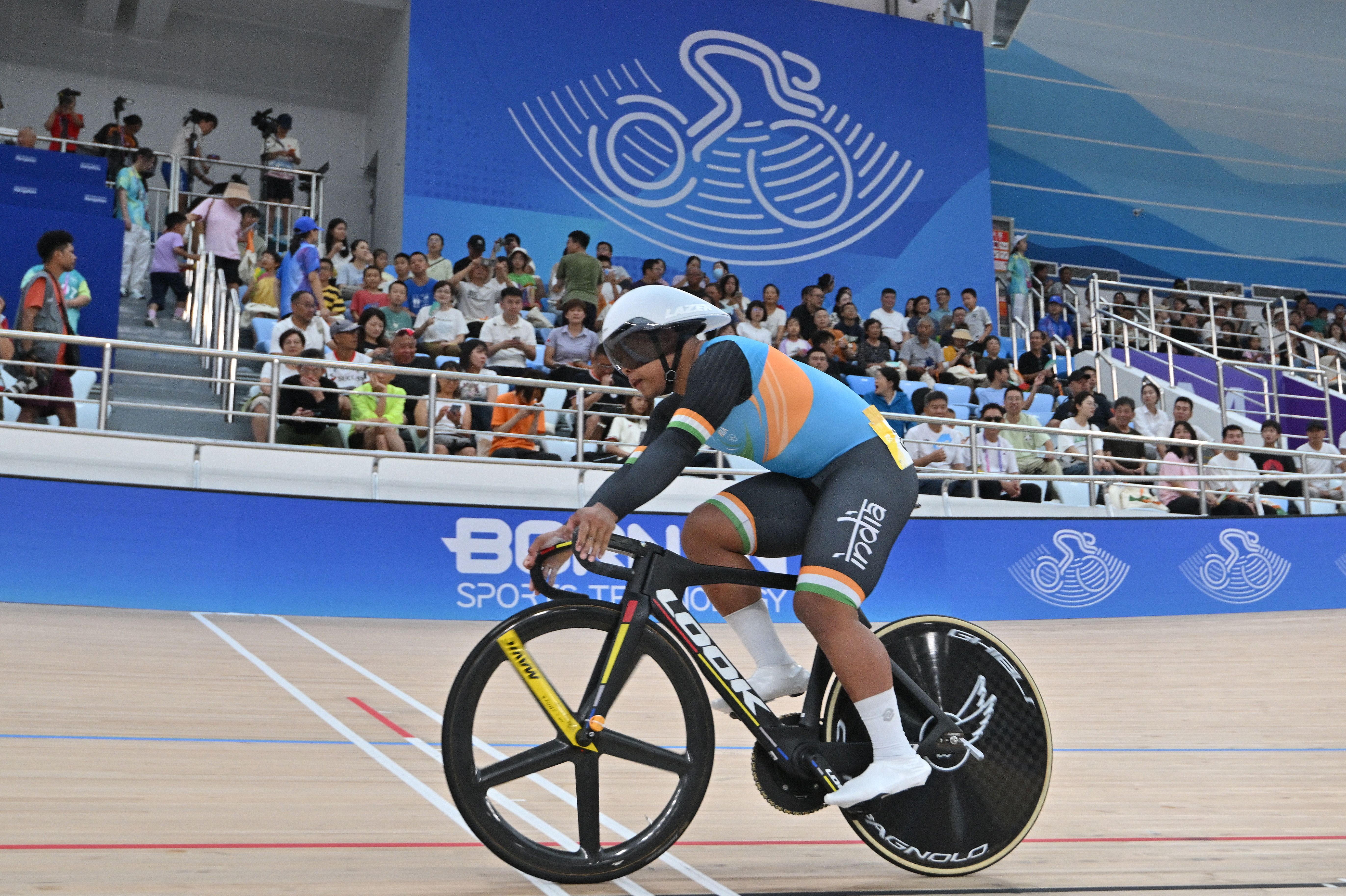 India&amp;apos;s David Beckham Elkatohchoongo competes in the men&amp;apos;s sprint quarterfinal race 1 of the cycling track event during the 2022 Asian Games in Hangzhou in China&amp;apos;s eastern Zhejiang province on September 28, 2023. (Photo by Jung Yeon-je / AFP) (Photo by JUNG YEON-JE/AFP via Getty Images)