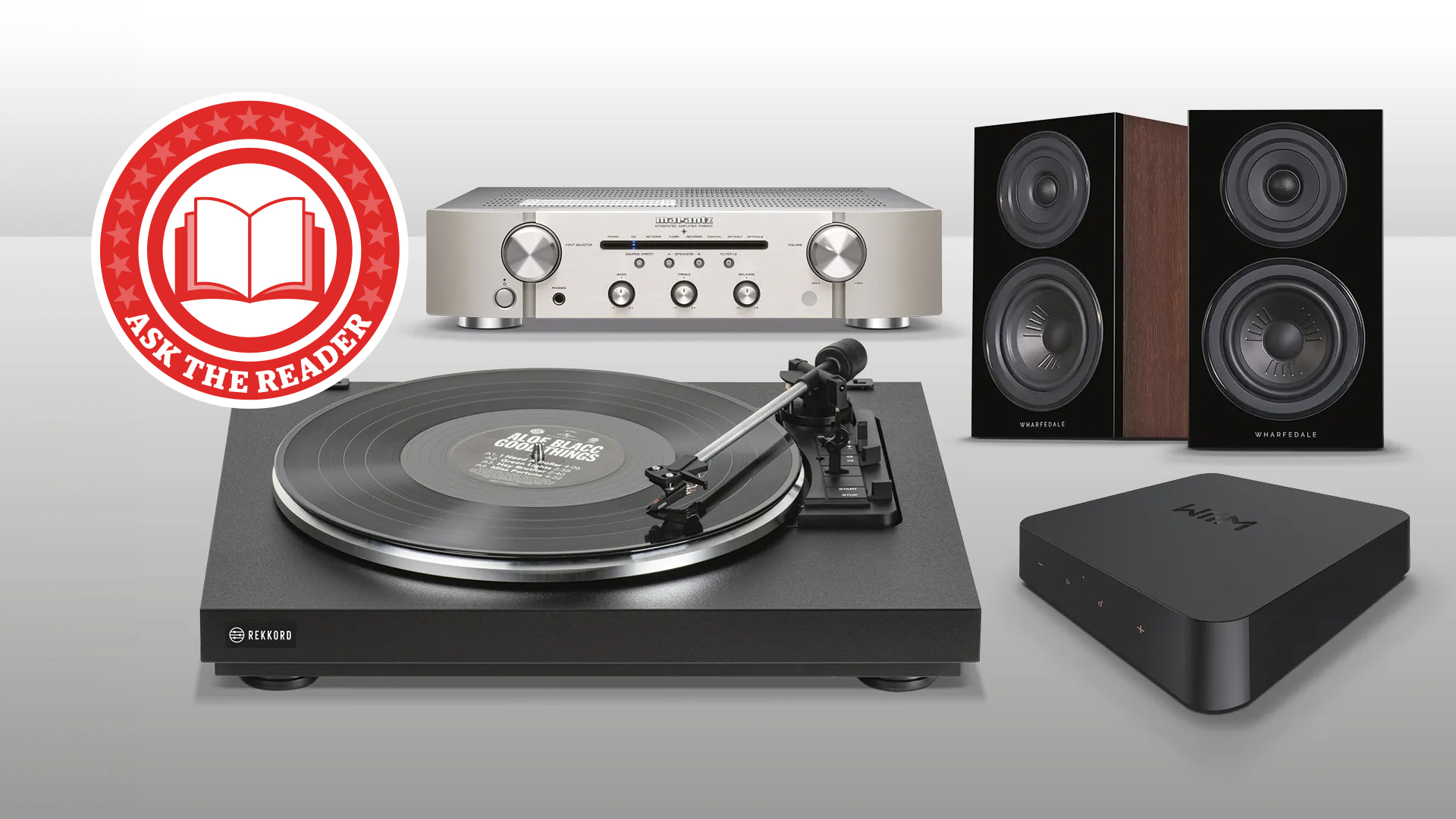 Ask the reader picture for August showing a hi-fi system with amplifier, turntable, music streamer and speakers