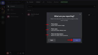 A screenshot of the Discord web app showing the Report User Profile menu with red arrows pointing at various options to report and a Next button. 