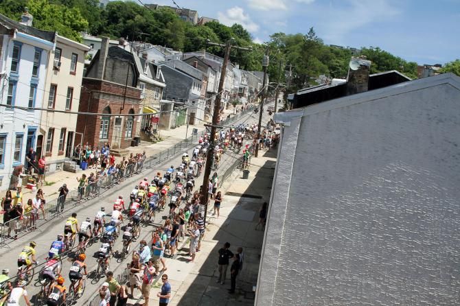 Infamous/Glorious Manayunk Wall kisses hello to the riders on the first trip up