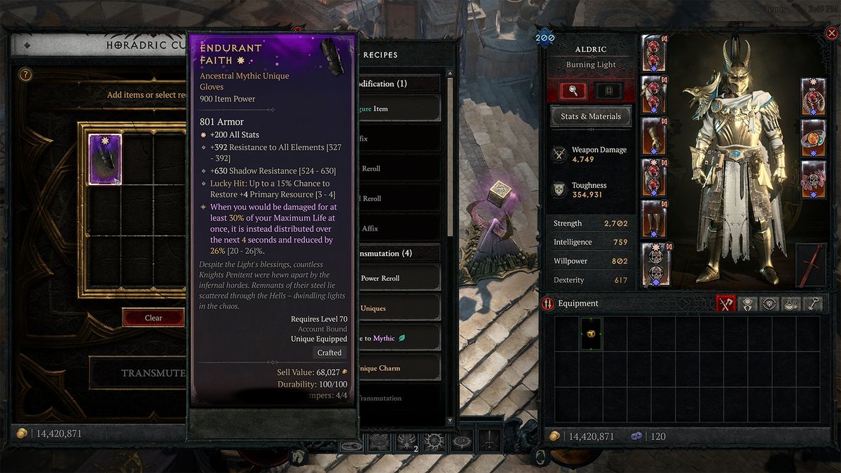 Screenshots from in game Diablo 4 mythic unique crafting menu