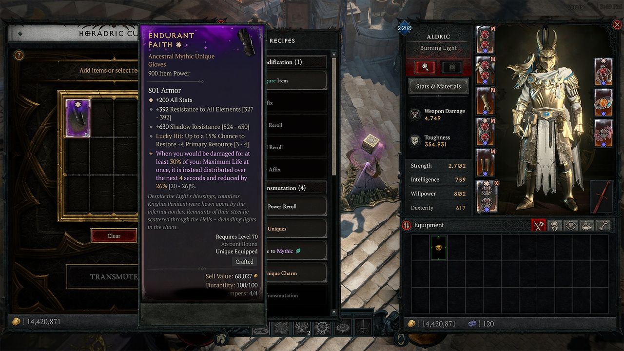 Screenshots from in game Diablo 4 mythic unique crafting menu