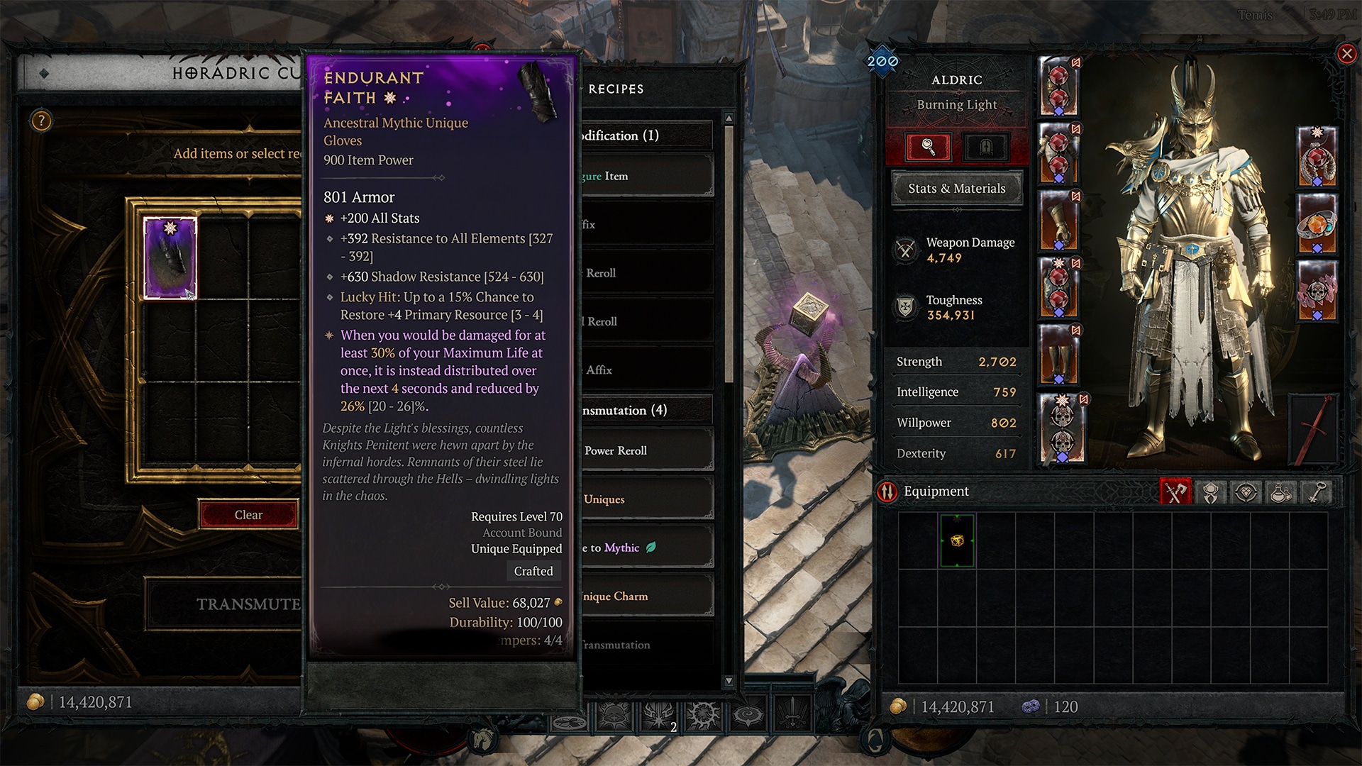 Screenshots from in game Diablo 4 mythic unique crafting menu