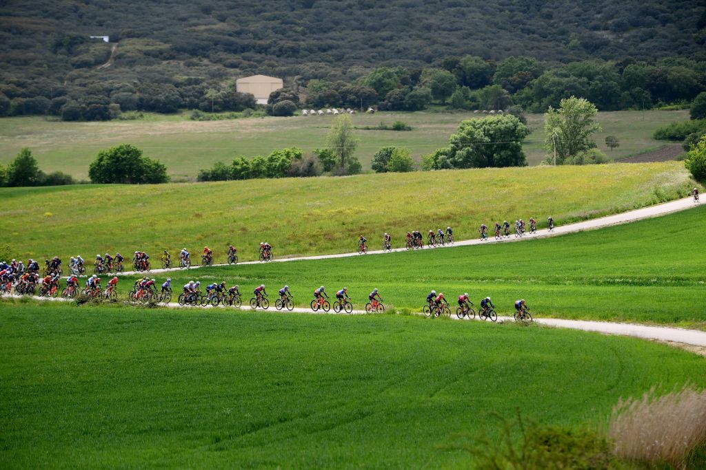 ALTO DE ROSALES SPAIN MAY 17 A general view of the peloton competing during the the 9th Vuelta a Burgos Feminas 2024 Stage 2 a 123km stage from Briviesca to Alto de Rosales 790m on UCIWWT May 17 2024 in Alto de Rosales Spain Photo by Alex BroadwayGetty Images