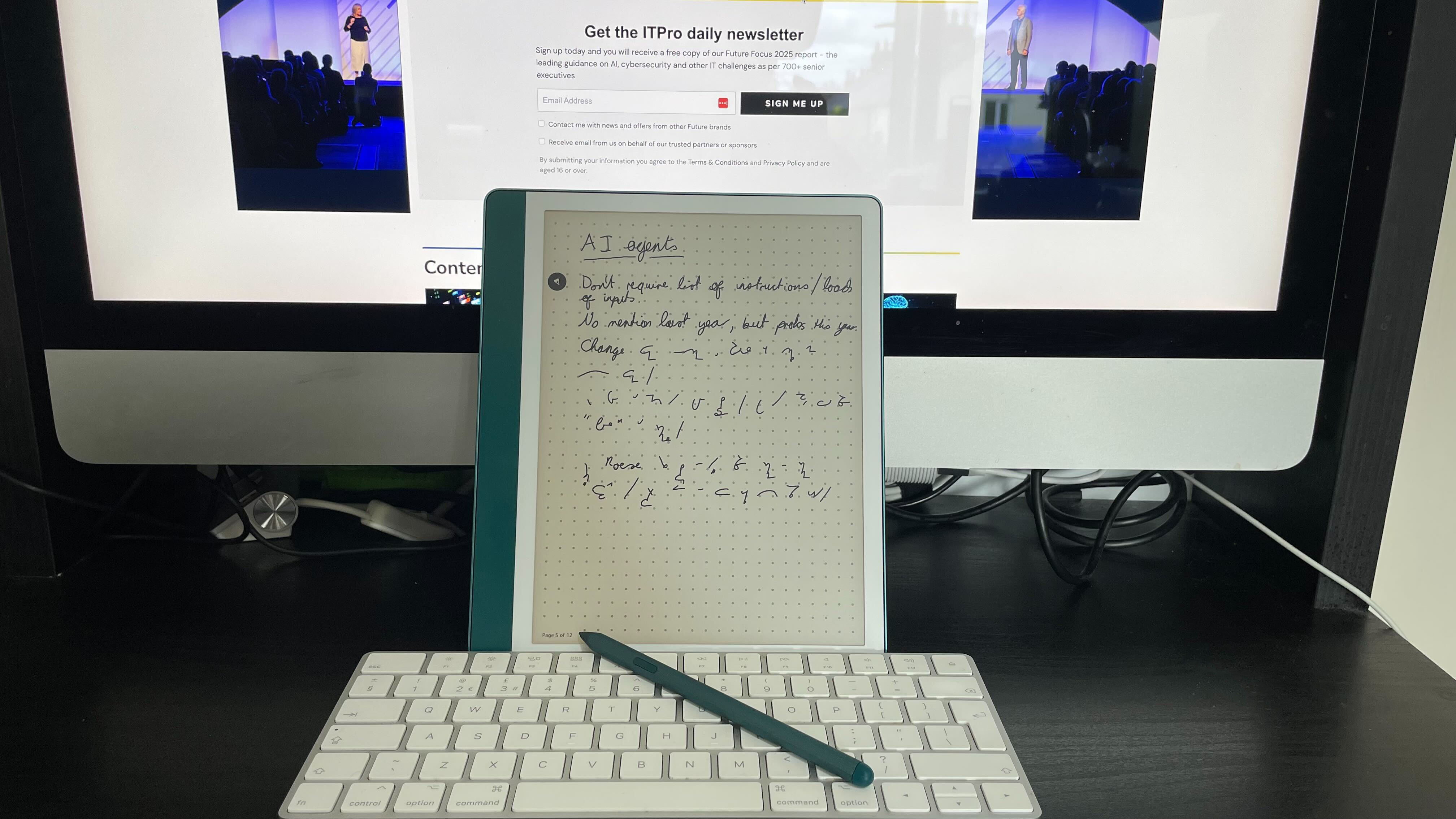 The Amazon Kindle Scribe tablet and stylus on a desk 