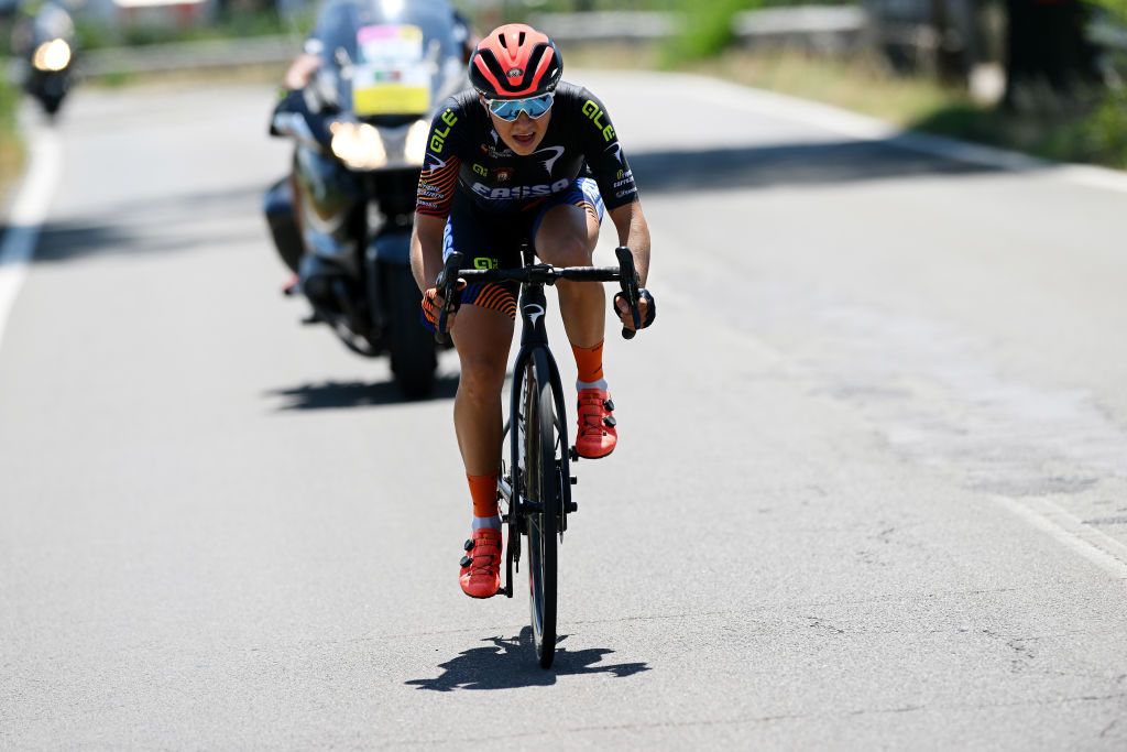 REGGIO EMILIA ITALY JULY 05 Giorgia Bariani of Italy and Top Girls Fassa Bortolo attacks in the breakaway during the 33rd Giro dItalia Donne 2022 Stage 5 a 1261km stage from Carpi to Reggio Emilia GiroDonne UCIWWT on July 05 2022 in Reggio Emilia Italy Photo by Dario BelingheriGetty Images
