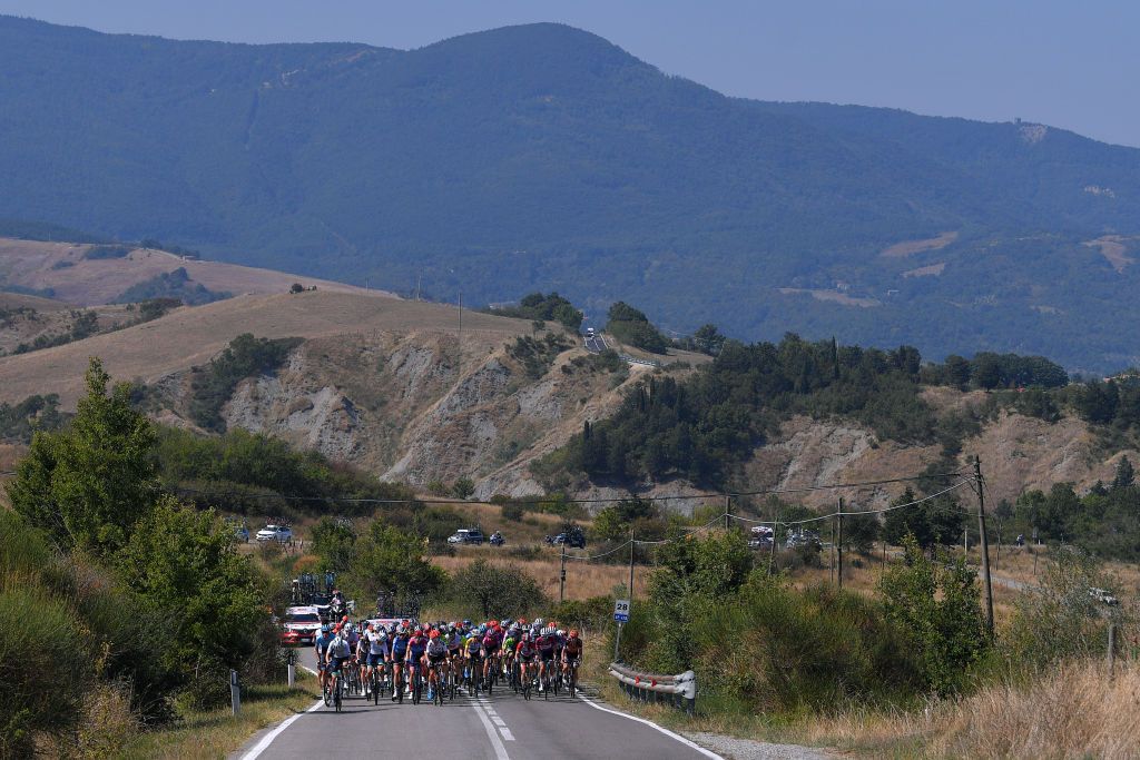 ASSISI ITALY SEPTEMBER 13 Peloton Landscape Mountains during the 31st Giro dItalia Internazionale Femminile 2020 Stage 3 a 1422km stage from Santa Fiora to Assisi 413m GiroRosaIccrea GiroRosa on September 13 2020 in Assisi Italy Photo by Luc ClaessenGetty Images