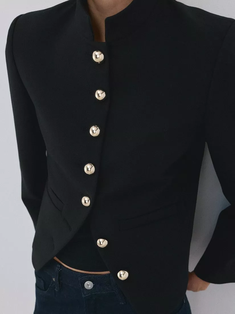 Mango Stand Collar Jewel Button Jacket, Black