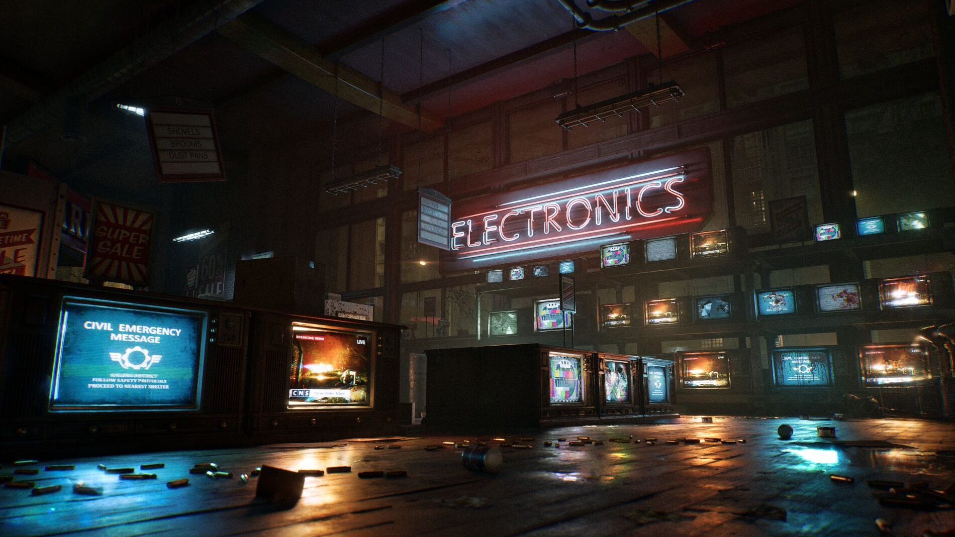 Screenshot from Gears of War: E-Day showing an abandoned electronics store.
