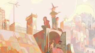 A little witch stands on a rooftop gesturing to the city.