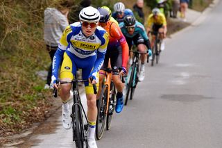 NOKERE BELGIUM MARCH 16 Aaron Verwilst of Belgium and Team Sport Vlaanderen Baloise competes in the breakaway during the 76th Danilith Nokere Koerse 2022 Mens Elite a 1898km one day race from Deinze to Nokere NokereKoerse DNK22 on March 16 2022 in Nokere Belgium Photo by Luc ClaessenGetty Images
