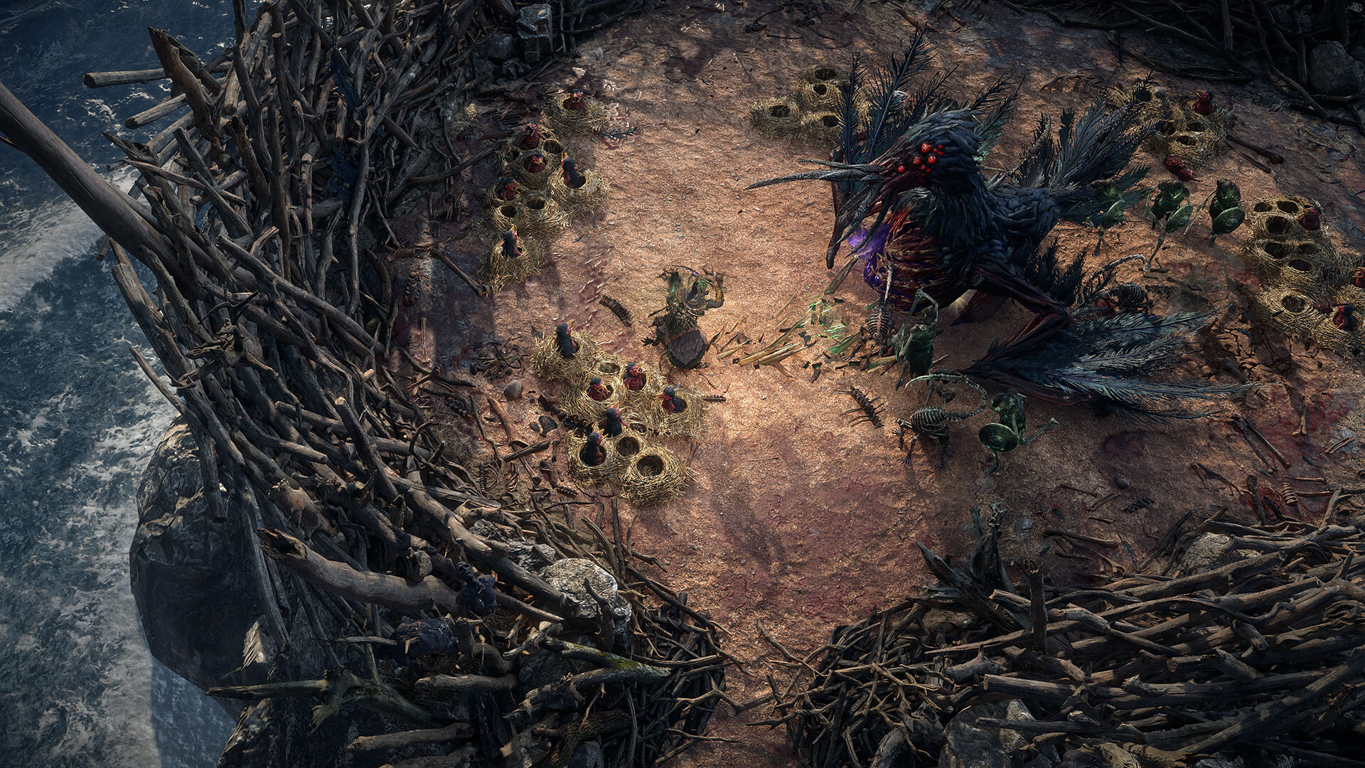 A player standing in the nest of a bird enemy during the real-time combat RPG, Path Exile 2